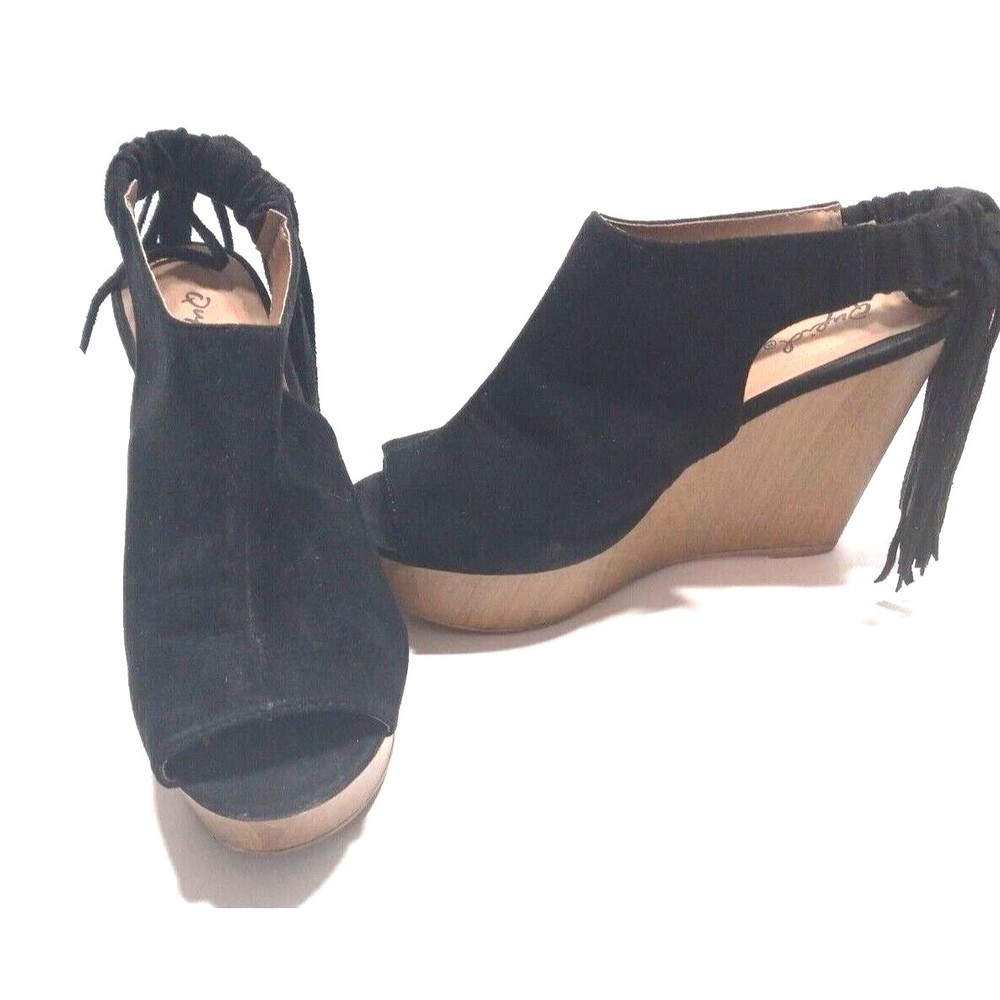 Qupid Platform Wedge Fringed Heel Sandal Black Suede Leather Elastic Back